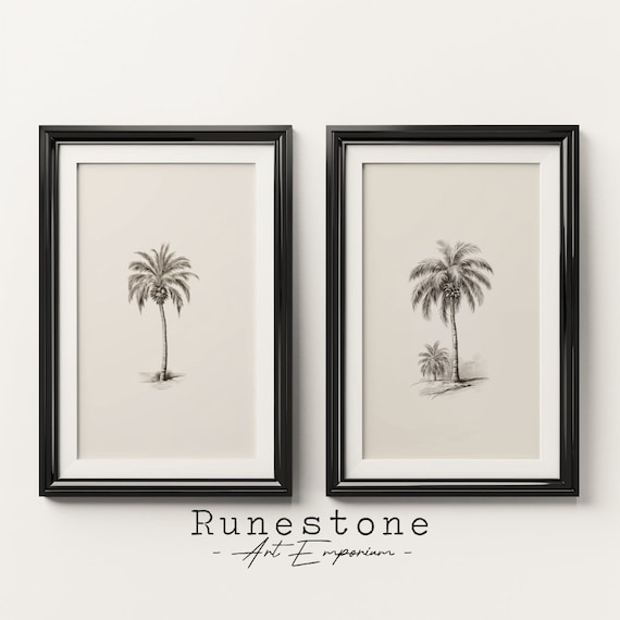 Set Of 2 Palm Tree Pencil Sketches Minimalist Coastal Pair Art Poster