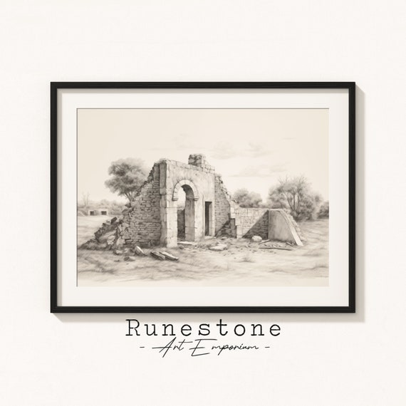 Ancient Ruins Architecture Sketch Minimal Wall Art Historic Etching Pencil Drawing Neutral Print