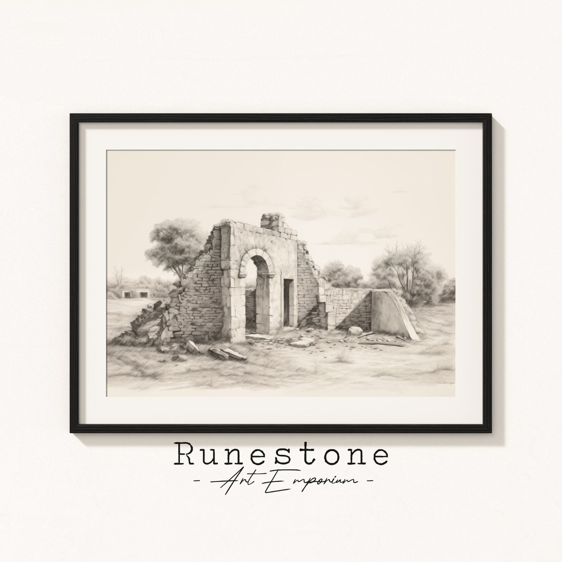 Ancient Stone Arch Ruins Pencil Sketch Historic Minimal Wall Art