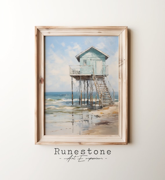 Beach Hut On Stilts Above The Waves Vintage Seaside Oil Painting Poster
