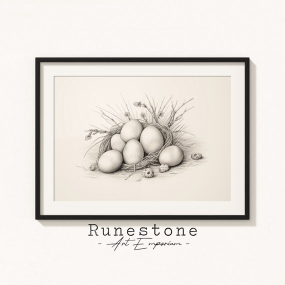 Easter Eggs Nest Sketch Print Spring Wall Art Minimal Portrait Pencil Drawing Home Decor Neutral