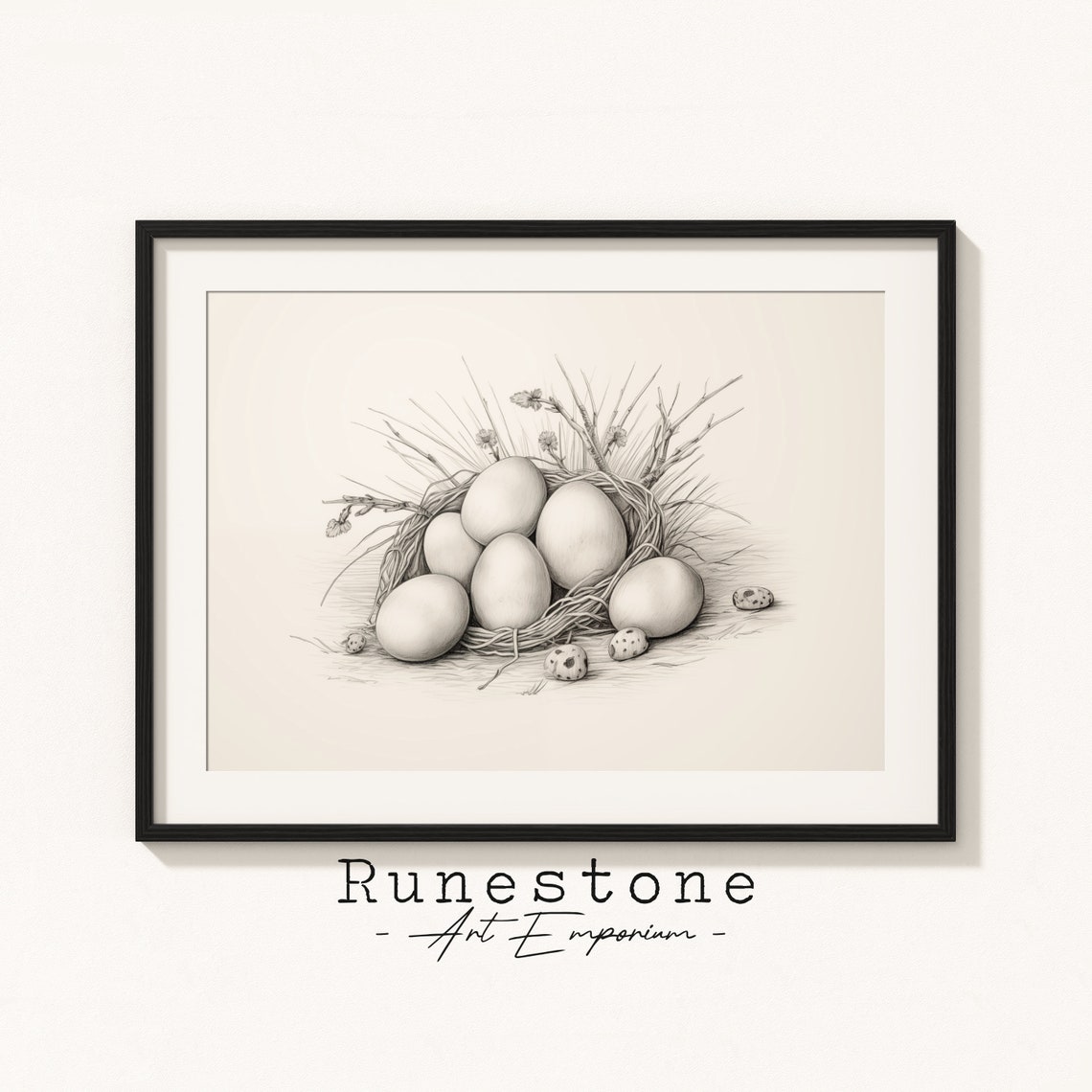 Bird Nest With Eggs Pencil Sketch Vintage Spring Neutral Print