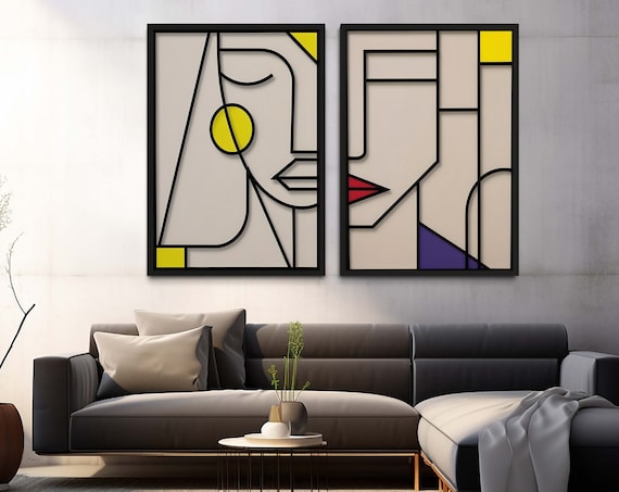 Modern Geometric Abstract Face Line Art Set Of 2 Cubist Style Duo Poster