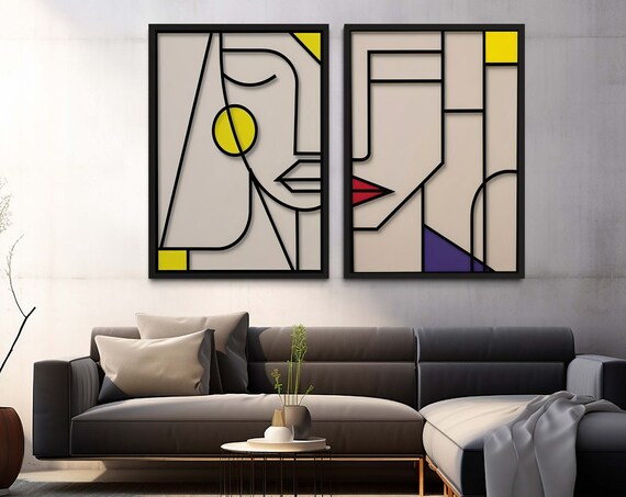 Set Of 2 Modern Geometric Abstract Art Minimalist Face Line Contemporary Wall Decor Ready To Hang Canvas