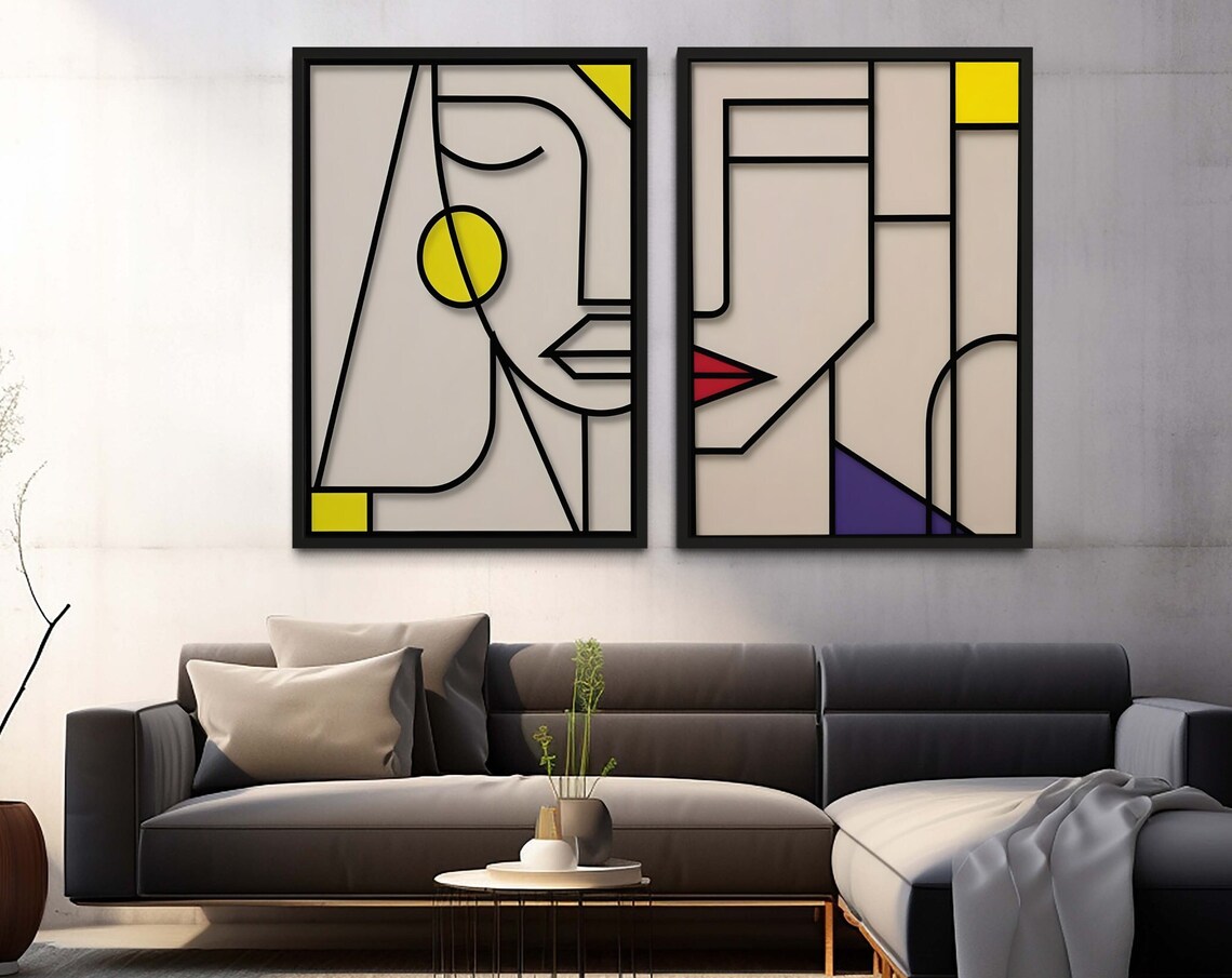 Modern Geometric Abstract Face Line Art Set Of 2 Cubist Style Duo Poster
