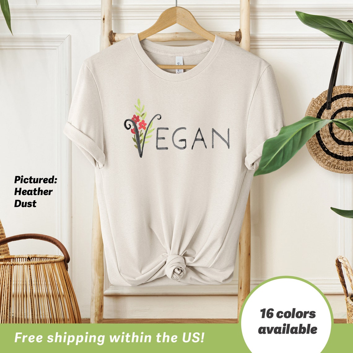 Vegan Floral Lettering Heather Dust Tee with Botanical Print Design