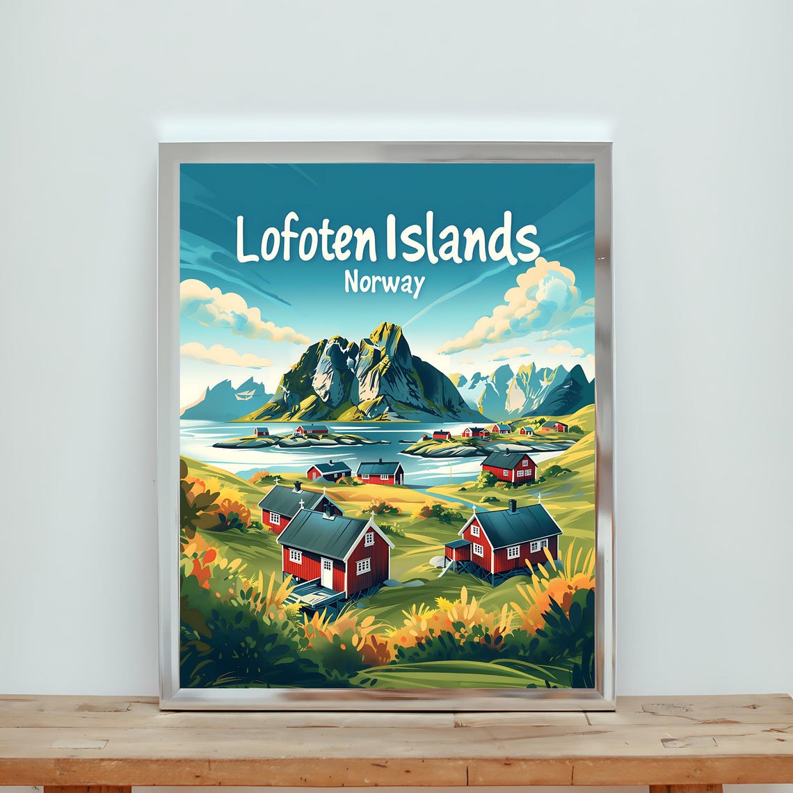 Lofoten Islands Norway Red Cabins Arctic Circle Travel Poster
