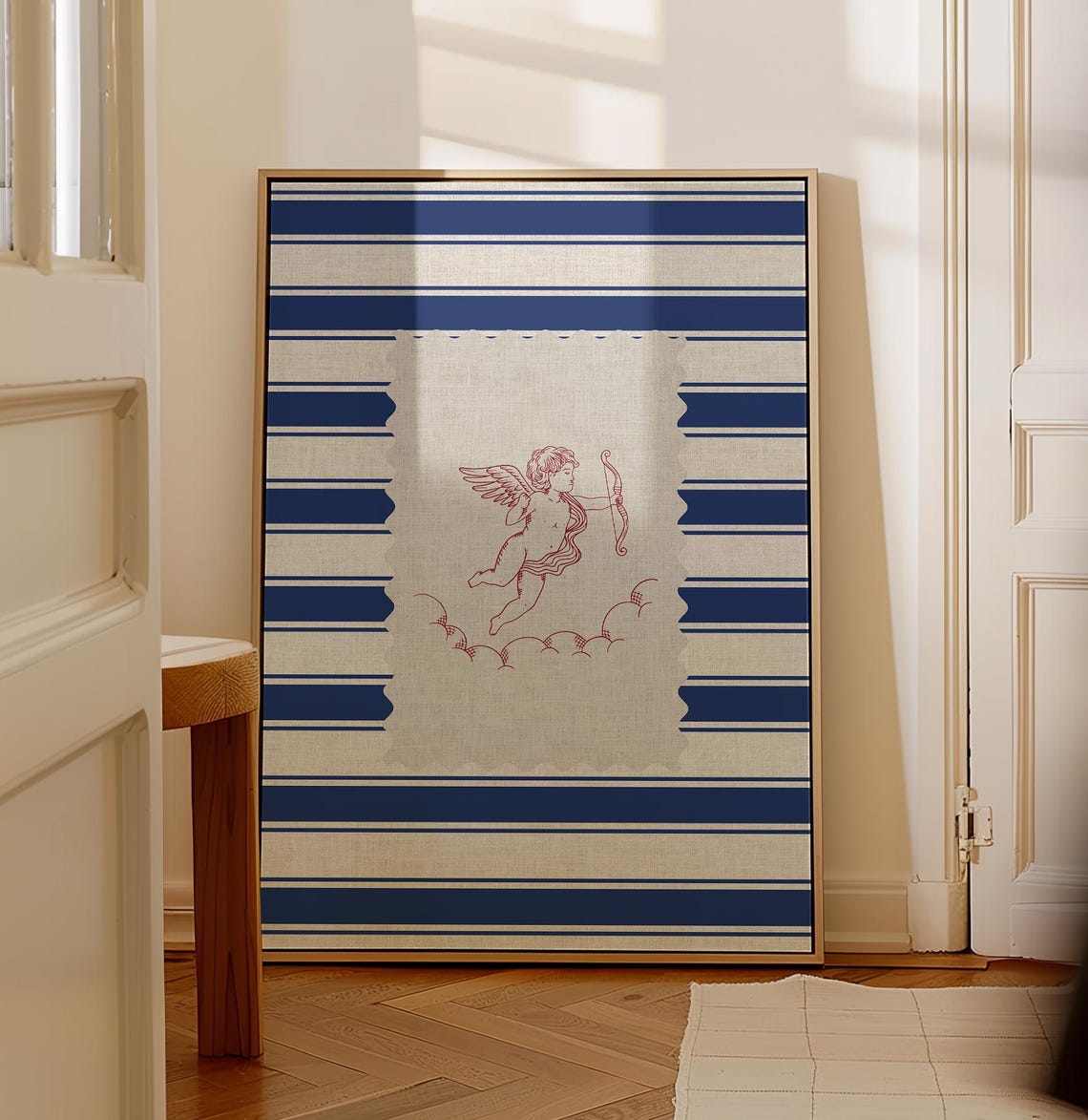 Vintage Cherub Line Art Navy Stripes Coastal Farmhouse Poster - Image 6