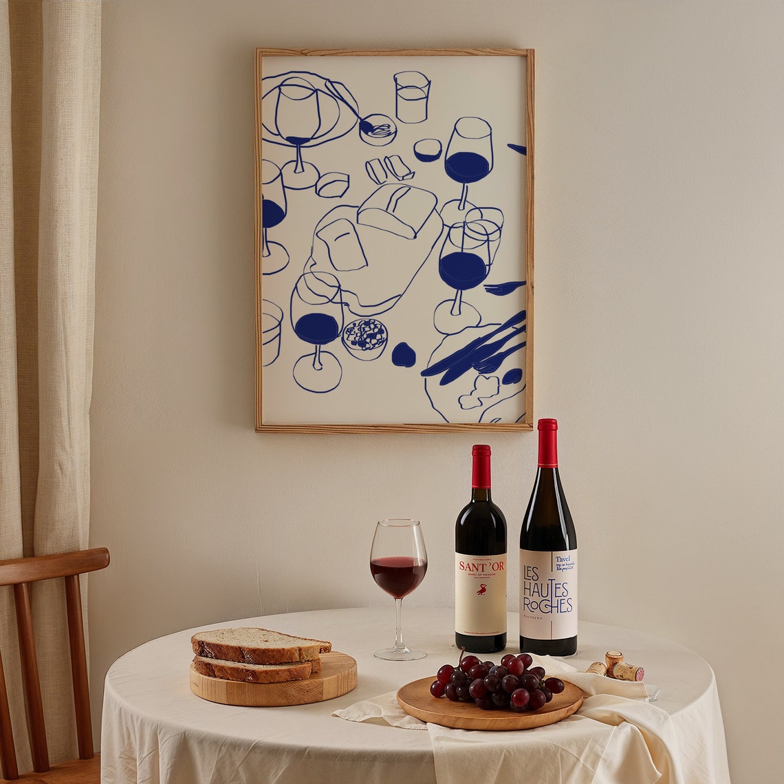 Wine Glasses Dinner Party Blue Line Drawing Kitchen Dining Poster - Image 5