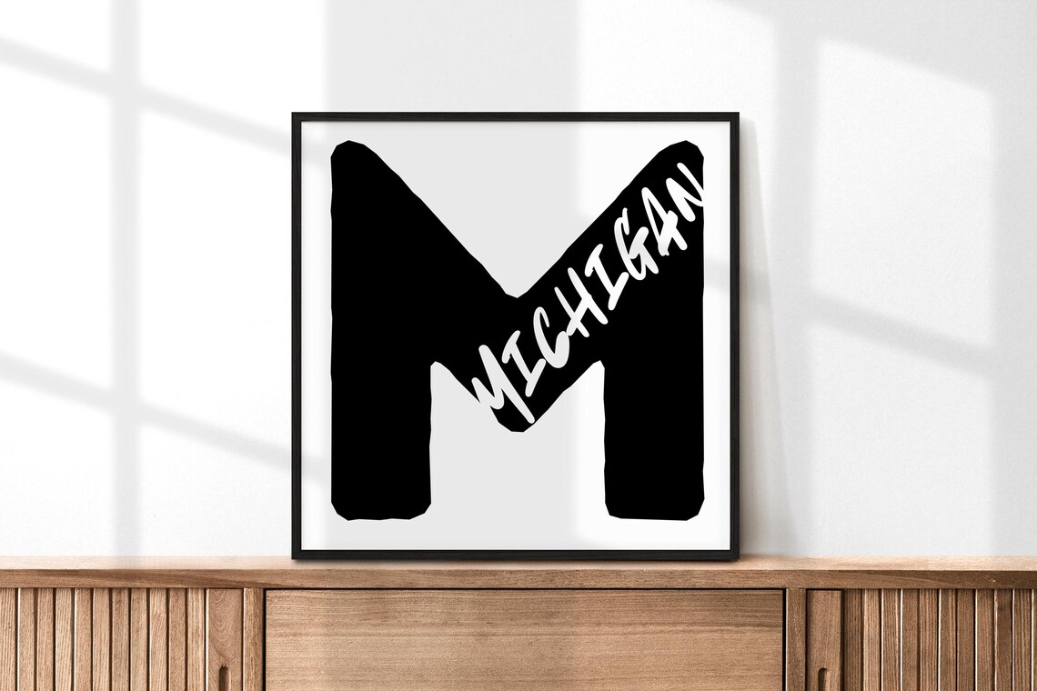 Michigan Letter M Typography Poster Modern Black White State Wall Decor Art