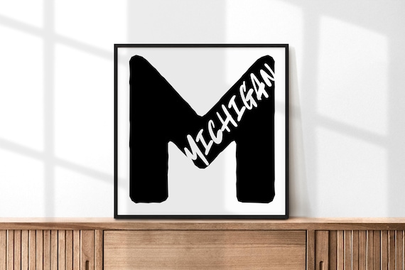 Michigan Letter M Typography Poster Modern Black White State Wall Decor Art