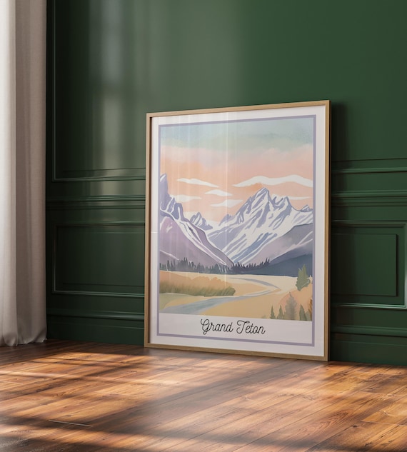 Grand Teton Watercolor Travel Poster Snowy Peak Mountain Landscape Art