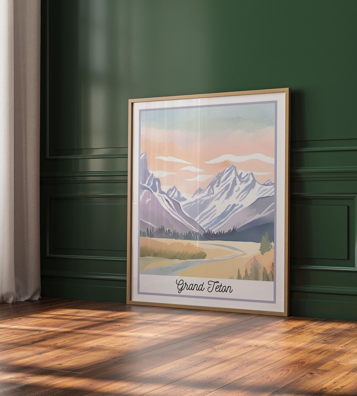 Grand Teton Watercolor Travel Poster Snowy Peak Mountain Landscape Art