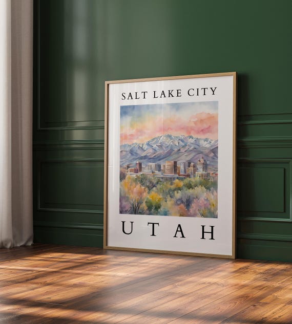 Salt Lake City Utah Watercolor Mountain Wall Art Skyline Landscape Decor