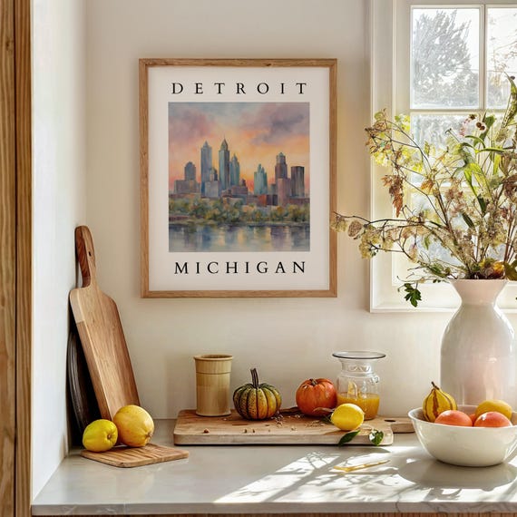 Detroit Michigan Skyline Watercolor Wall Art Cityscape Decor For Home Office Or Gifts Urban