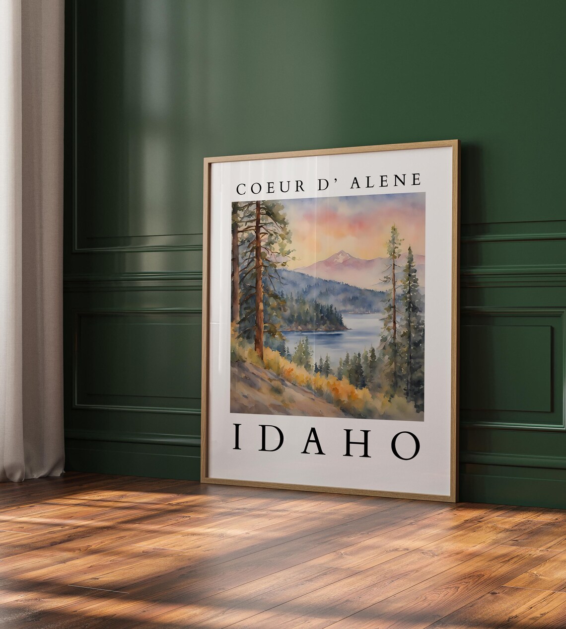 Coeur d'Alene Idaho Watercolor Art Print, Scenic Lake