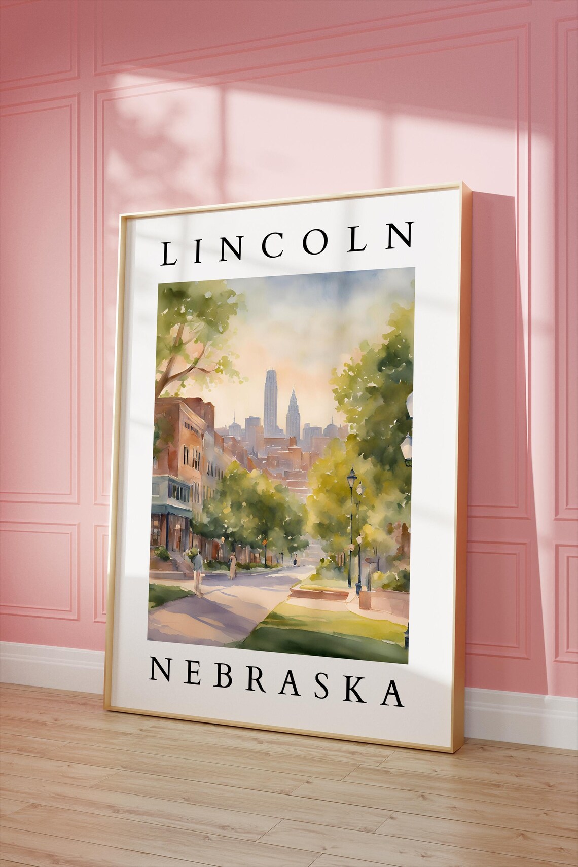 Lincoln Nebraska Watercolor Travel Poster Historic Street Skyline Scene