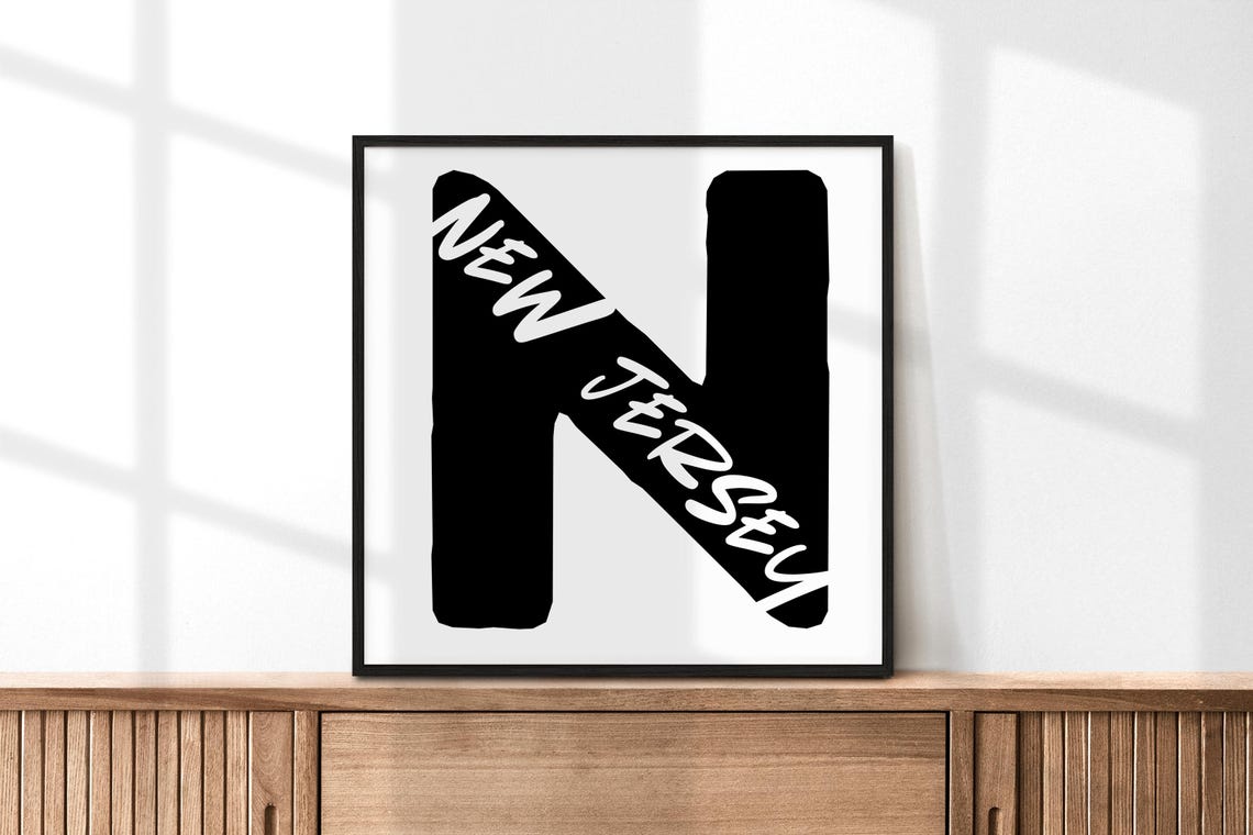 New Jersey Letter N Monogram Black White Typography Poster for Home