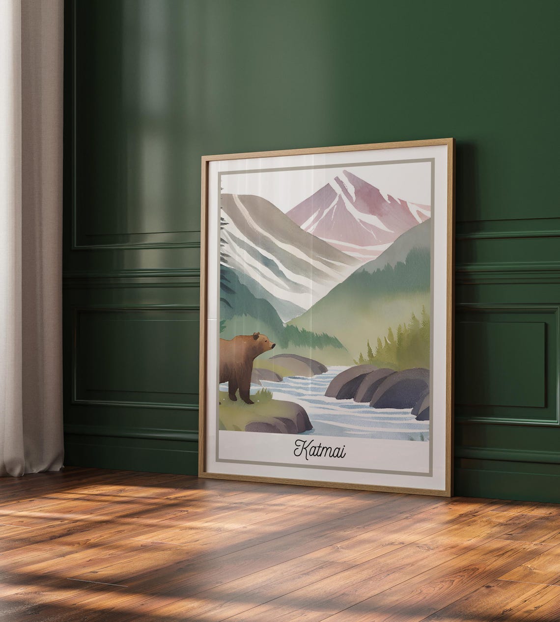Katmai National Park Brown Bear River Mountains Watercolor Poster