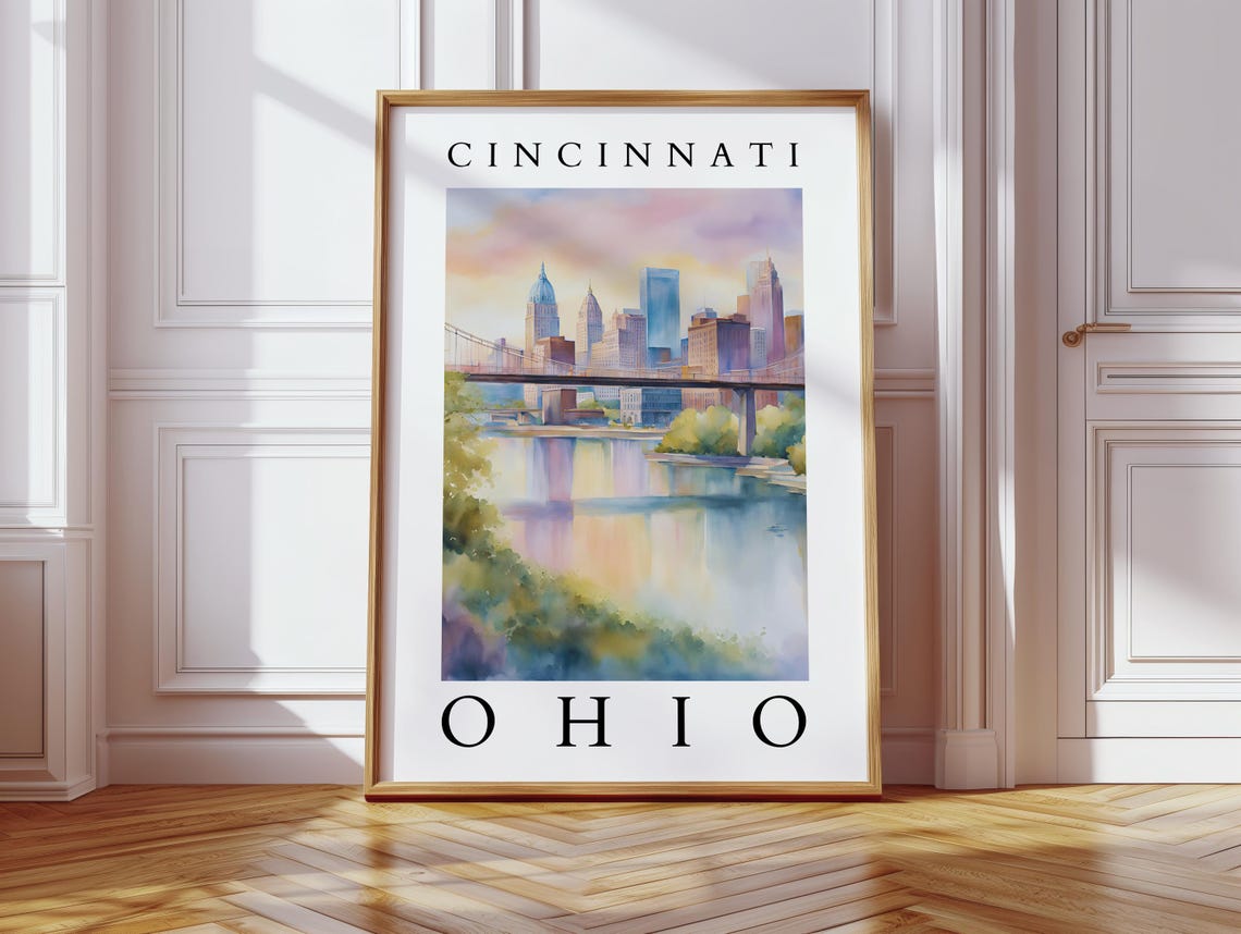 Cincinnati Ohio Watercolor River Skyline Sunset Travel Art Poster