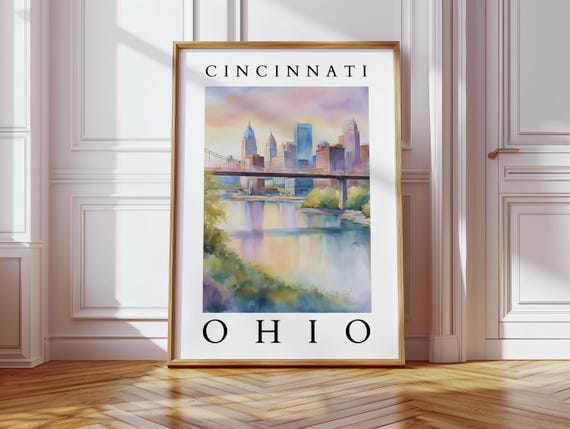 Cincinnati Ohio Wall Art Print Skyline Watercolor Cityscape Decor For Home Or Office
