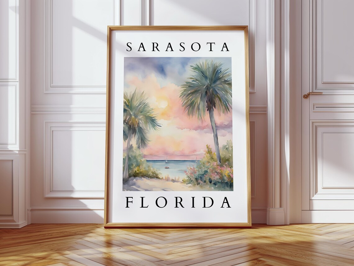 Sarasota Florida Palm Trees Sunset Beach Watercolor Travel Art Poster