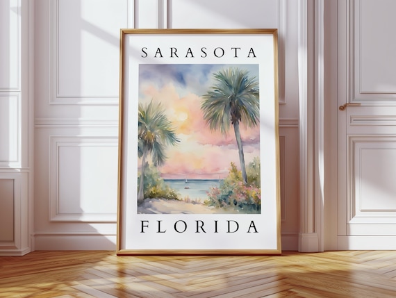 Sarasota Florida Palm Trees Sunset Beach Watercolor Travel Art Poster