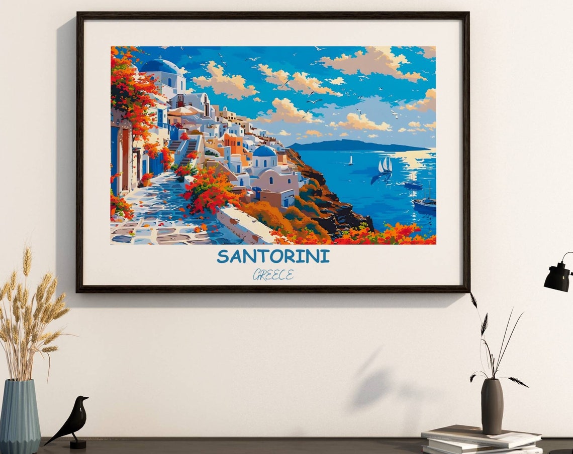 Santorini Caldera Sailboats from Bright Whitewashed Village Poster