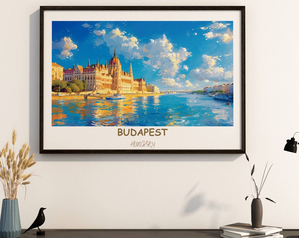 Budapest Hungary Parliament Danube Riverfront Golden Sky Travel Poster
