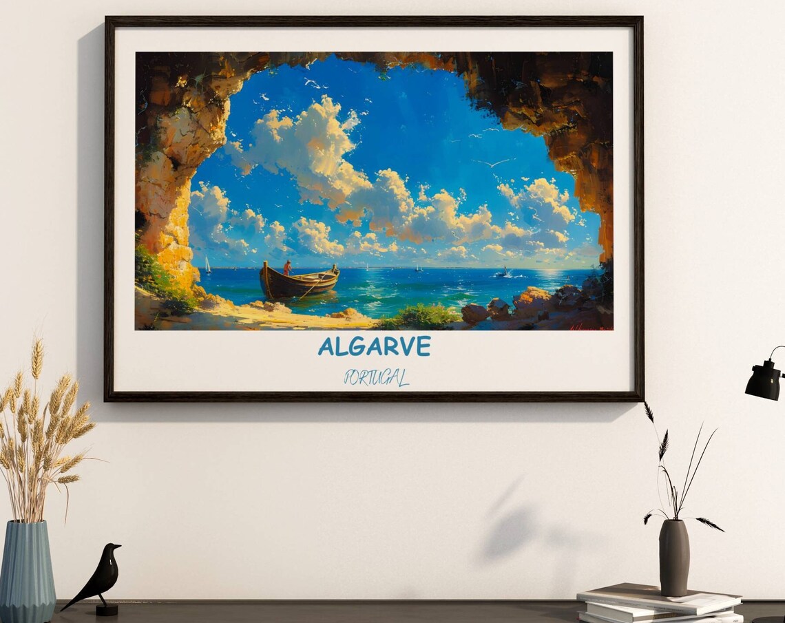 Algarve Portugal Benagil Sea Cave Boat Blue Ocean Travel Poster