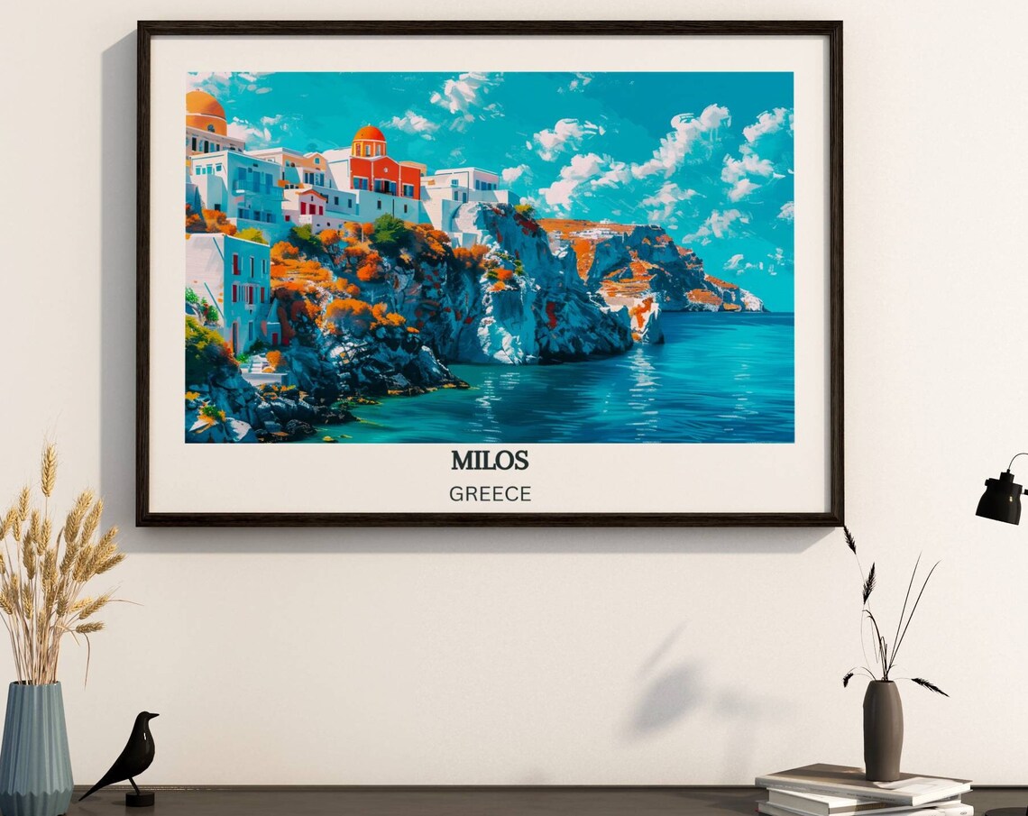 Milos Greece Colorful Cliffside Village Coastal Travel Poster