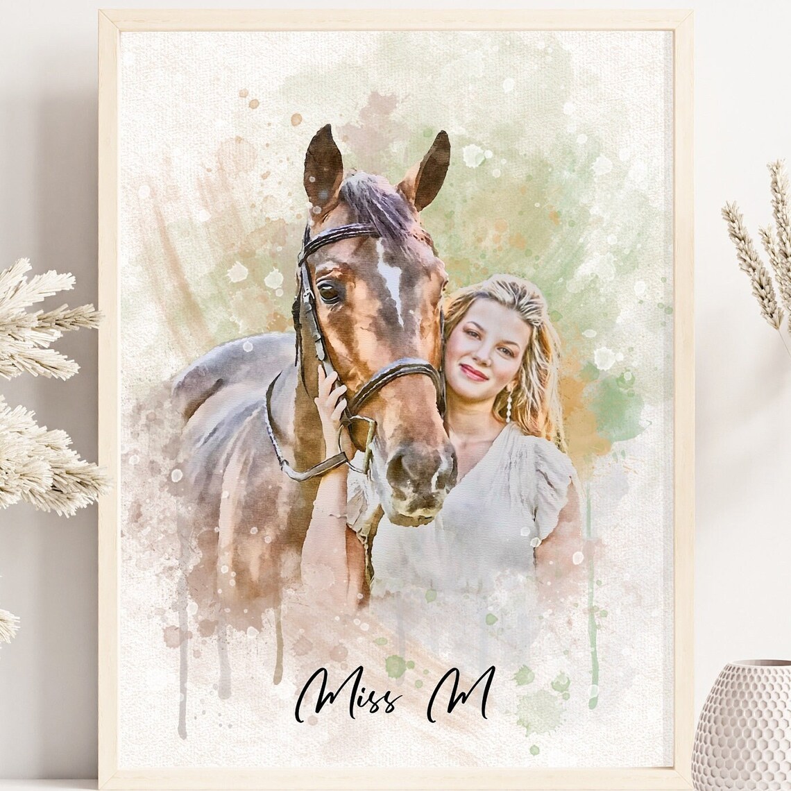 Woman With Her Horse Watercolor Custom Equestrian Portrait Poster