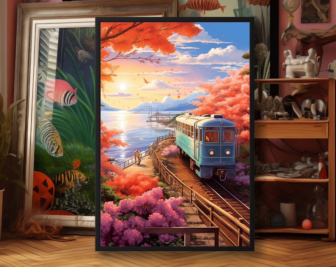 Blue Train at Sunset Along a Japanese Blossom Lakeshore Art Poster