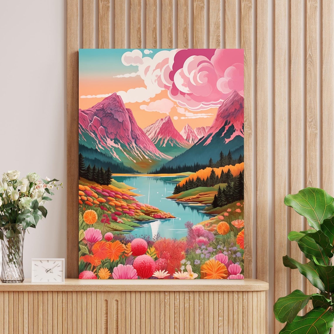 Vibrant Pink Mountain Peaks Rising over a Wildflower Lake Poster - Image 3