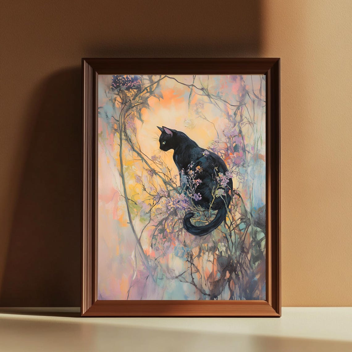 Black Cat in Impressionist Wildflower Garden Painting Poster