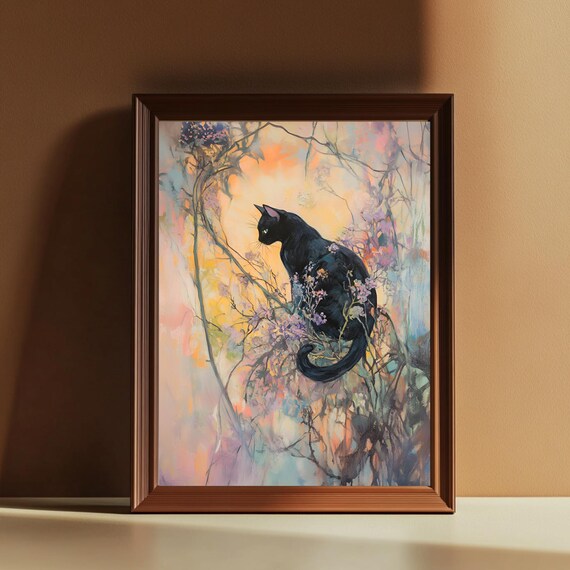 Black Cat in Impressionist Wildflower Garden Painting Poster