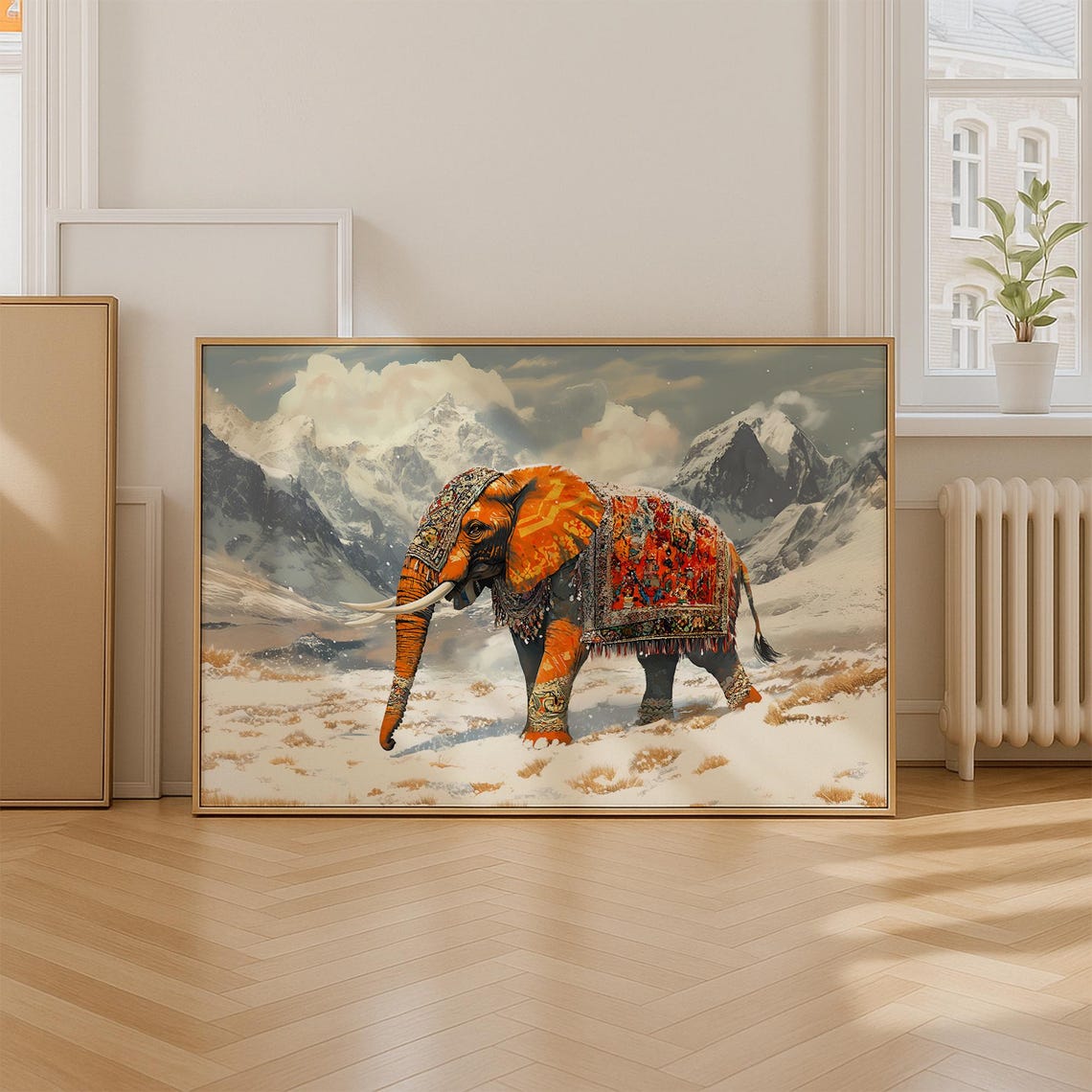 Maximalist Painted Elephant Walking Through Snowy Mountains Poster