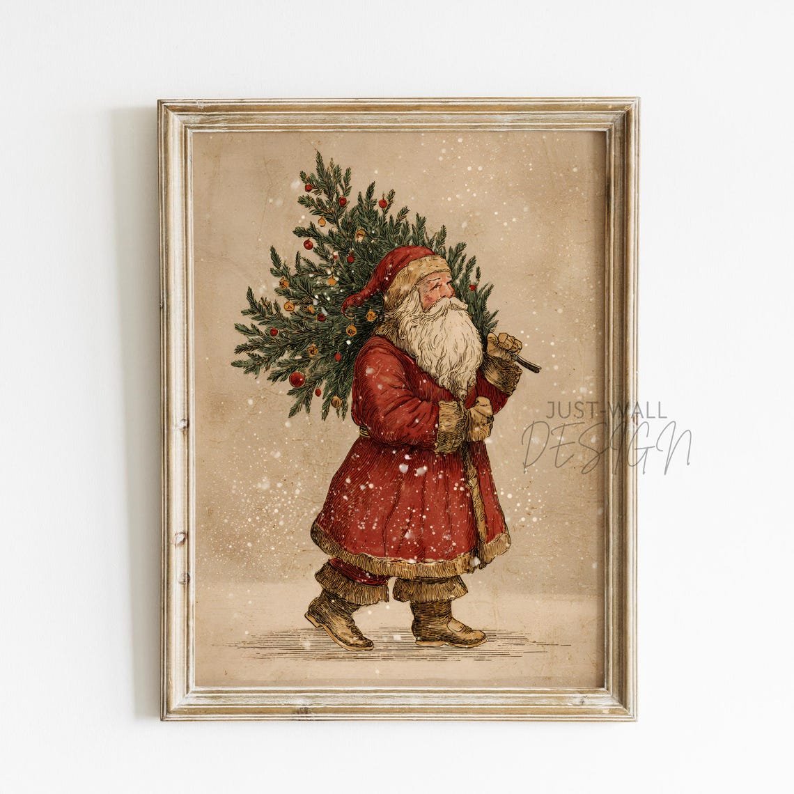 Vintage Santa Carrying Christmas Tree Snowfall Holiday Poster