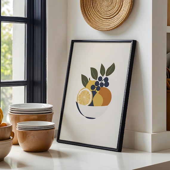 Minimalist Fruit Bowl With Lemons Oranges And Berries Kitchen Poster