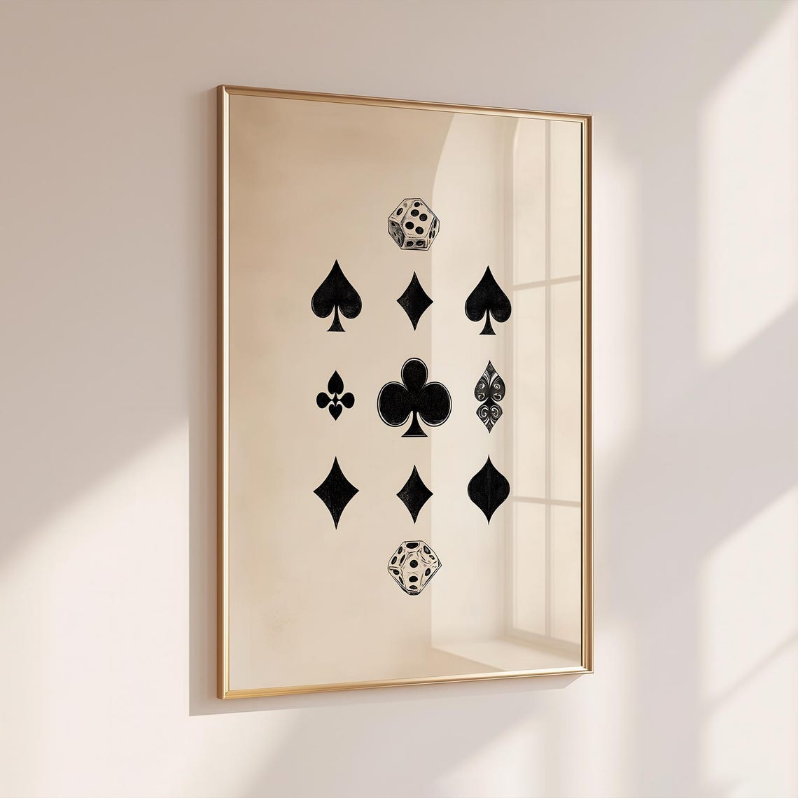 Minimalist Black Card Suits With Dice Gold Framed Graphic Print