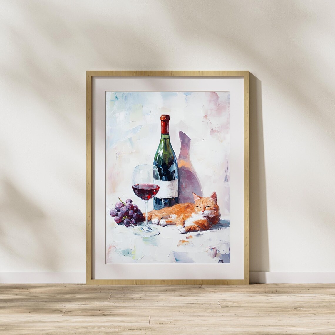 Orange Cat Napping Beside a Wine Bottle Glass and Grapes Kitchen Poster