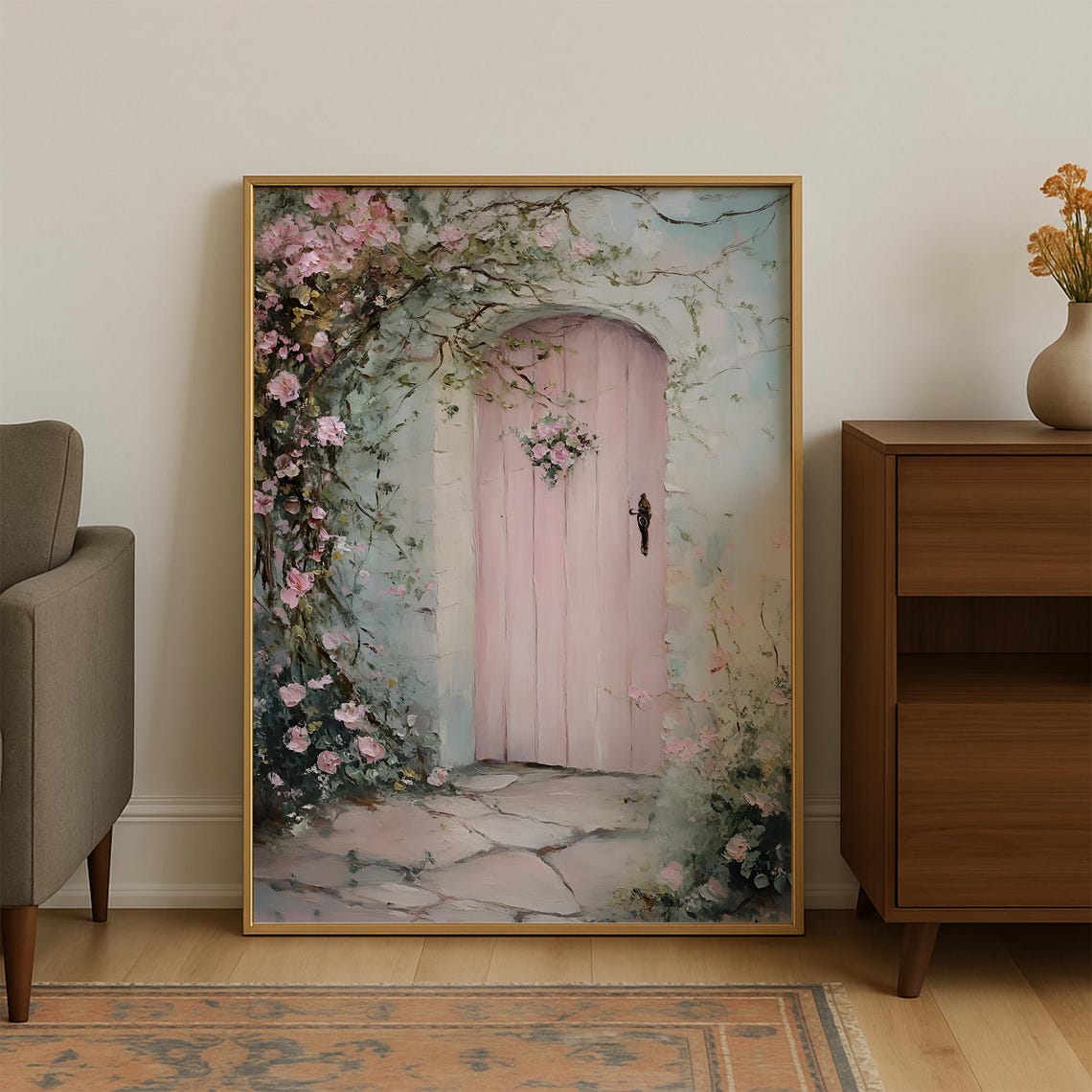 Pink Cottage Door with Climbing Roses Romantic Oil Style Poster