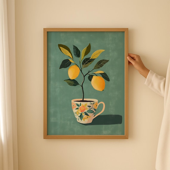 Lemon Tree Growing in a Floral Teacup Sage Green Kitchen Art Poster