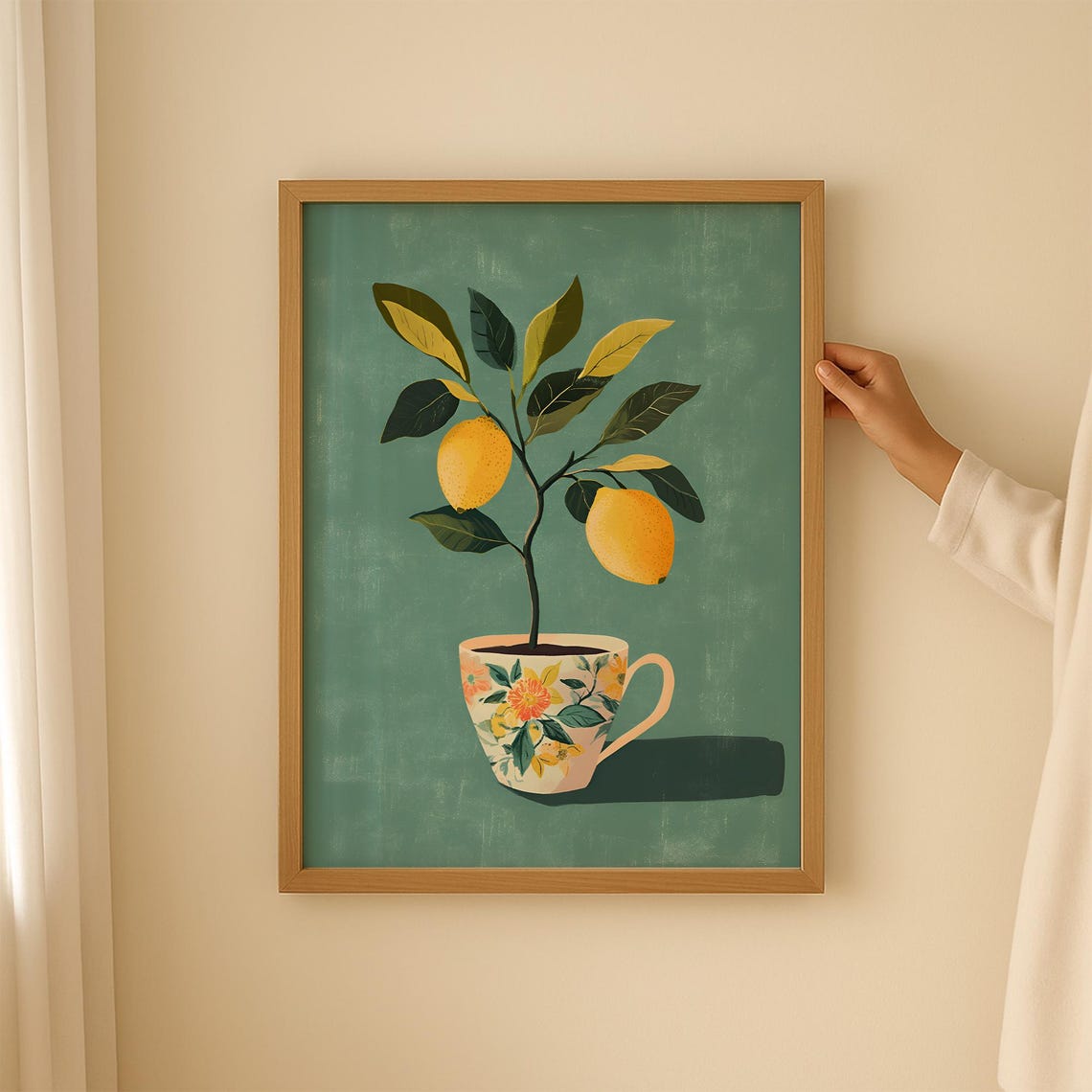 Lemon Tree Growing in a Floral Teacup Sage Green Kitchen Art Poster