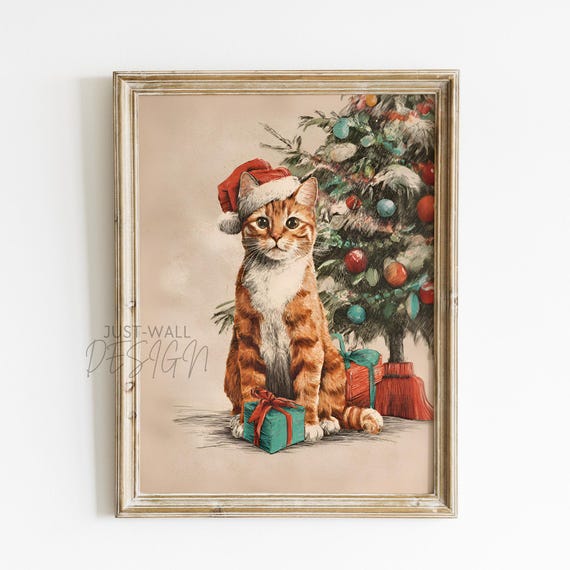 Christmas Cat Vintage Holiday Decor Poster