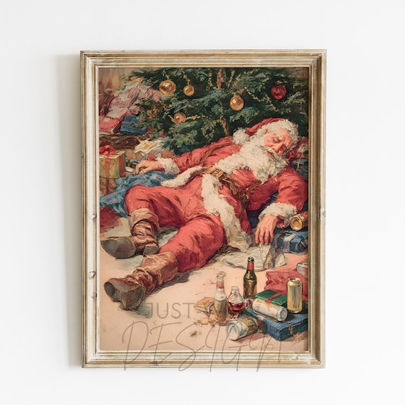Drunk Santa Claus Wall Art Funny Christmas Poster Holiday Decor Print Vintage Gift