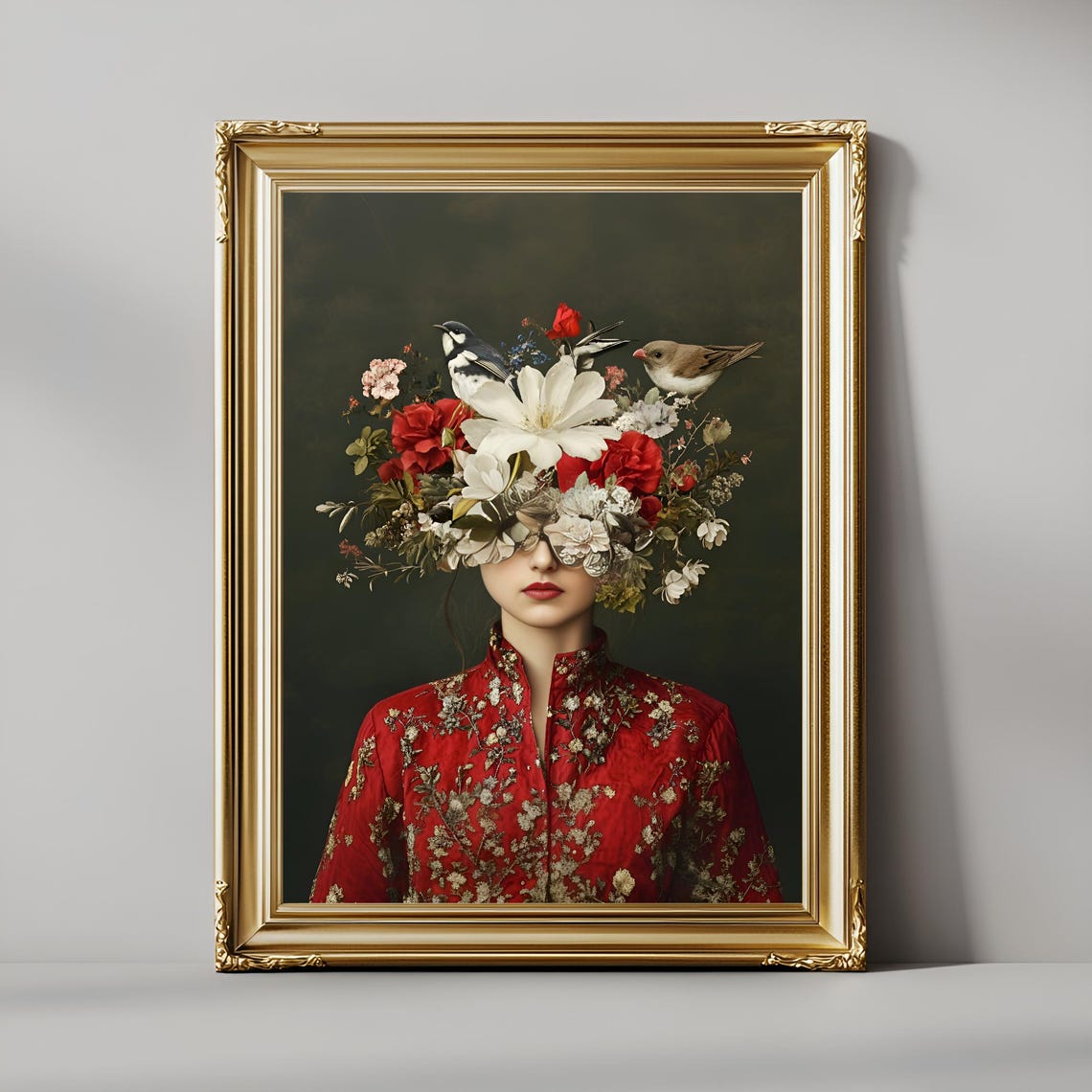 Woman With Flower Bouquet Over Her Face Surreal Botanical Art Poster