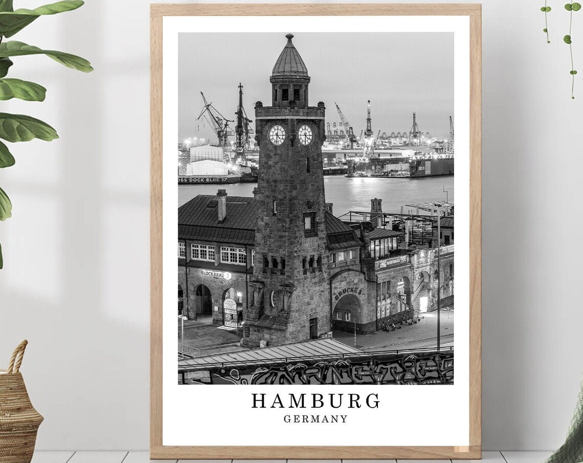 Hamburg St Pauli Landungsbrucken Clock Tower Harbor Travel Poster