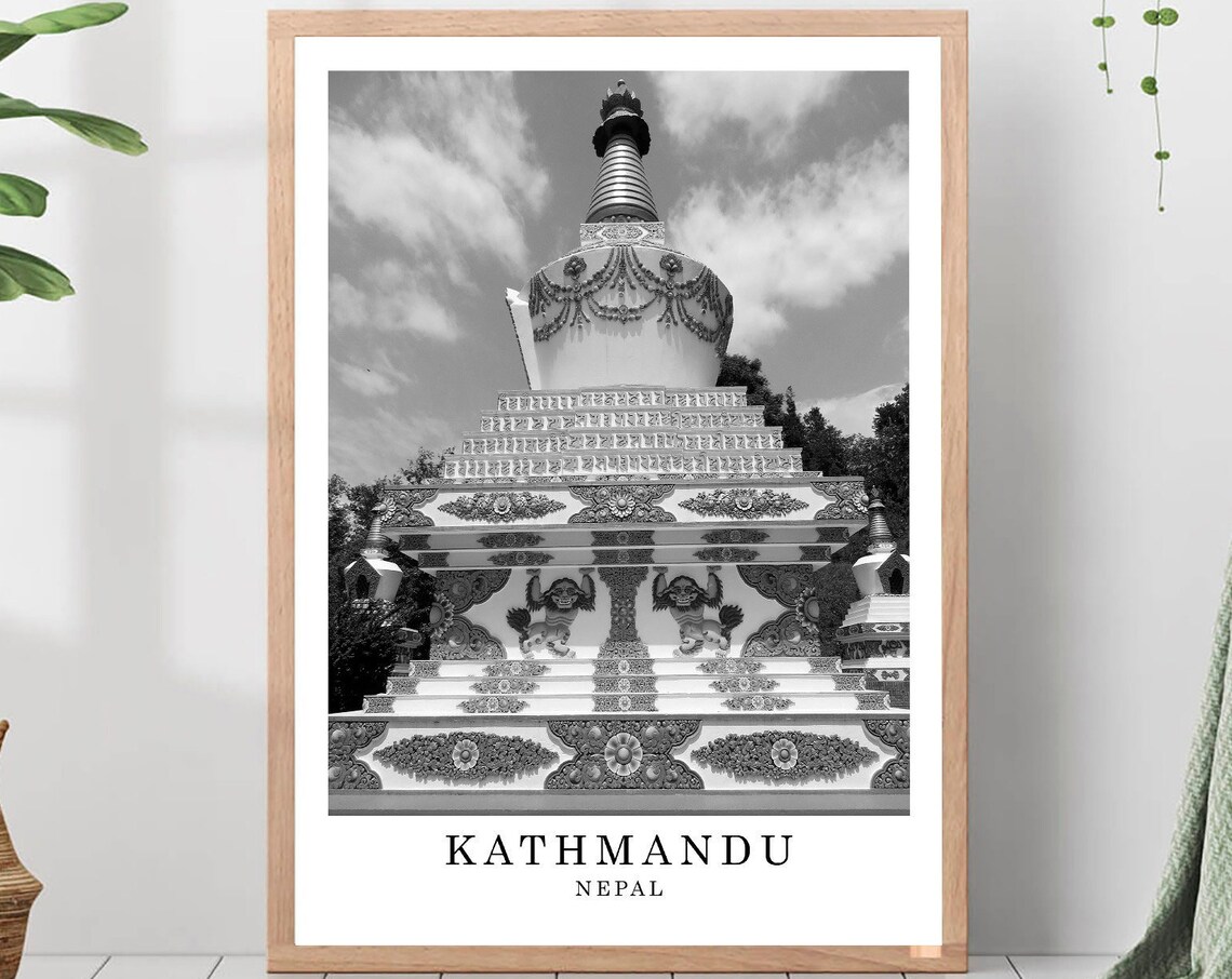 Kathmandu Nepal Buddhist Stupa Temple Black And White Photo Poster