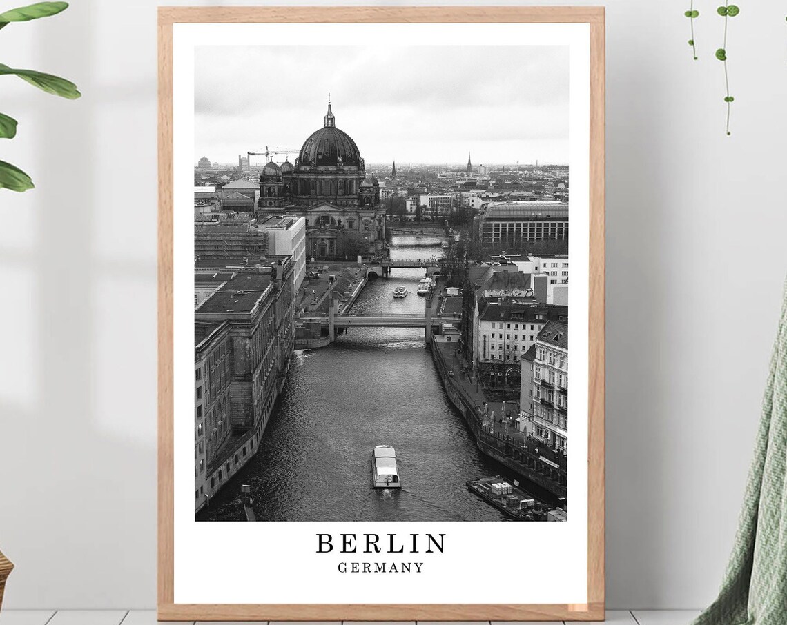 Berlin Cathedral Over Spree River Black And White Travel Poster